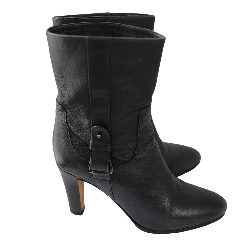 Jimmy Choo Black Leather Mid-Calf Boots Side Strap Block Heel Italy Size 37.5